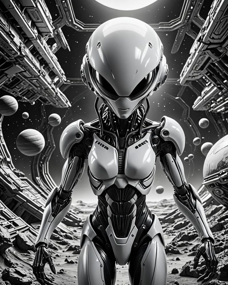 Pu&ograve; includere: Immagine in bianco e nero di una figura umanoide aliena futuristica. La figura ha un casco e un'armatura bianchi, con una struttura meccanica dettagliata. Lo sfondo presenta una stazione spaziale e pianeti, creando un tema di fantascienza.
