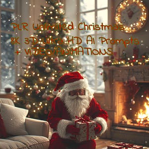 May include: A festive Christmas scene with Santa Claus holding a gift box. A decorated Christmas tree, a fireplace, and a plate of cookies are visible. The image has text that reads "PLR Unlimited Christmas 8K 3D Ultra HD AI Prompts + VIDEO/ANIMATIONS."