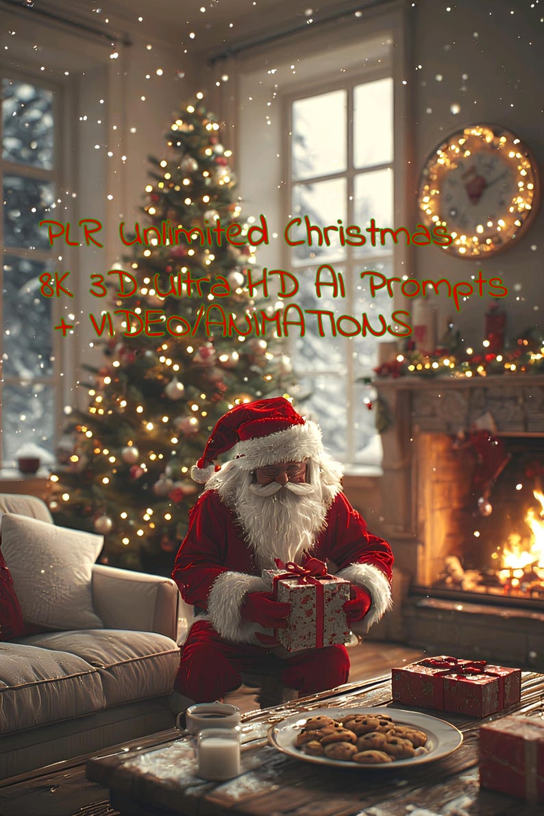 May include: A festive Christmas scene with Santa Claus holding a gift box. A decorated Christmas tree, a fireplace, and a plate of cookies are visible. The image has text that reads "PLR Unlimited Christmas 8K 3D Ultra HD AI Prompts + VIDEO/ANIMATIONS."