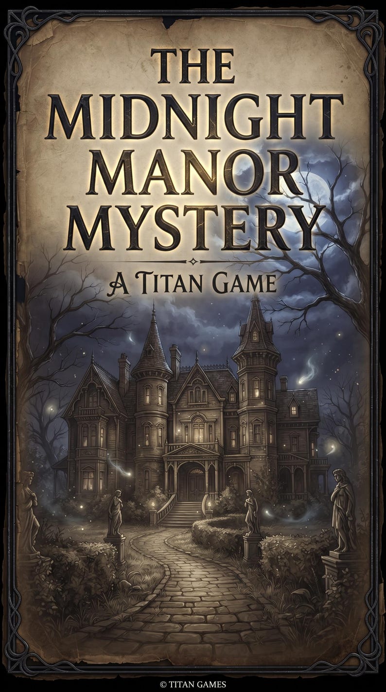 K&ouml;nnte beinhalten: Ein Spielschachtel-Cover mit dem Titel The Midnight Manor Mystery A Titan Game, das ein gro&szlig;es dunkles Herrenhaus bei Nacht mit einem Steinweg, Statuen, kahlen B&auml;umen und leuchtenden Lichtern unter einem Vollmond zeigt.