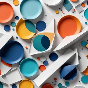 May include: Abstract geometric pattern with overlapping circles and squares in various shades of blue, orange, yellow, and white.