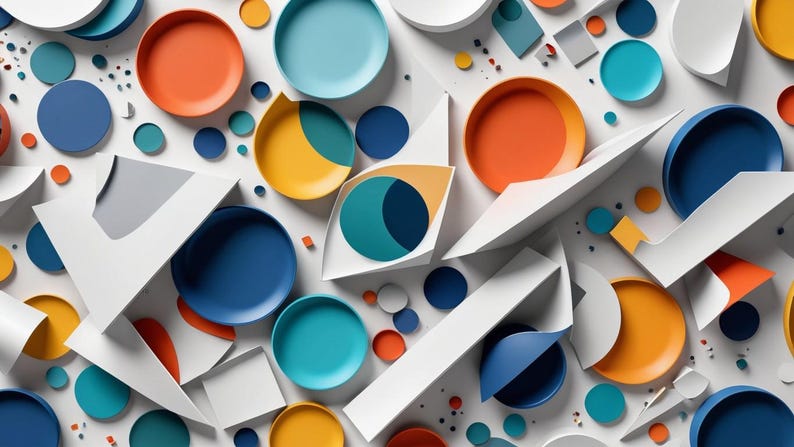 May include: Abstract geometric pattern with overlapping circles and squares in various shades of blue, orange, yellow, and white.