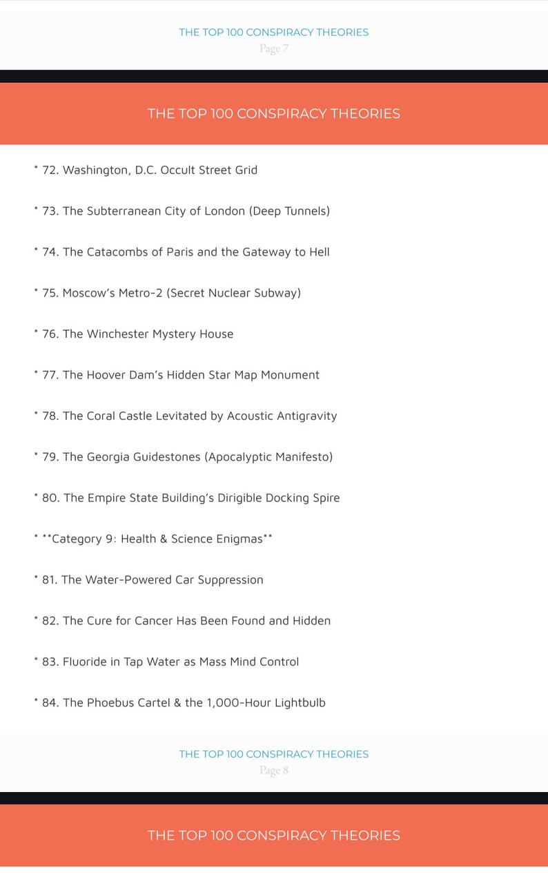 以下が含まれることがあります： 「The Top 100 Conspiracy Theories」というタイトルの白い文書ページで、72から84までの項目がリストされています。テキストには、Washington, D.C. Occult Street Grid、The Subterranean City of London、The Cure for Cancer Has Been Foundなどの項目が含まれています。