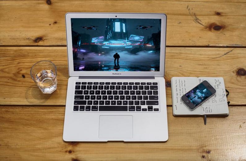 K&ouml;nnte beinhalten: Ein silberner Laptop mit schwarzer Tastatur zeigt eine futuristische Stadtlandschaft. Ein Glas Wasser und ein Smartphone auf einem Notizblock liegen neben dem Laptop auf einer Holzoberfl&auml;che. Der Smartphone-Bildschirm spiegelt die Anzeige des Laptops wider.
