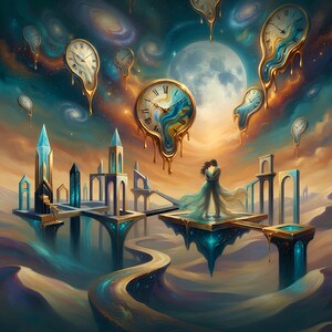 May include: A digital book cover titled SURREAL ROMANCE, 100 BEYOND-IMAGINATION PROMPTS FOR CINEMATIC VIDEO CREATORS, CREATIVE ARTIST'S GUIDE. It features a couple embracing on a floating platform amidst melting clocks, a moon, and towers.