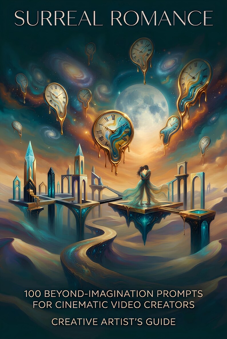 May include: A digital book cover titled SURREAL ROMANCE, 100 BEYOND-IMAGINATION PROMPTS FOR CINEMATIC VIDEO CREATORS, CREATIVE ARTIST'S GUIDE. It features a couple embracing on a floating platform amidst melting clocks, a moon, and towers.