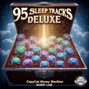 May include: An open treasure chest lined with dark red velvet, filled with glowing purple, blue, and green spheres. The text 95 SLEEP TRACKS DELUXE appears at the top, with CopyCat Money Machine SLEEP LAB and an MRR logo at the bottom.