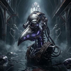 May include: A mechanical plague doctor mask with metallic gears, wires, and purple glowing accents. The text DREADFUL DECIBELS MECHANIZED MORTALITY is displayed at the bottom of the image, which features a dark, vaulted stone interior setting.