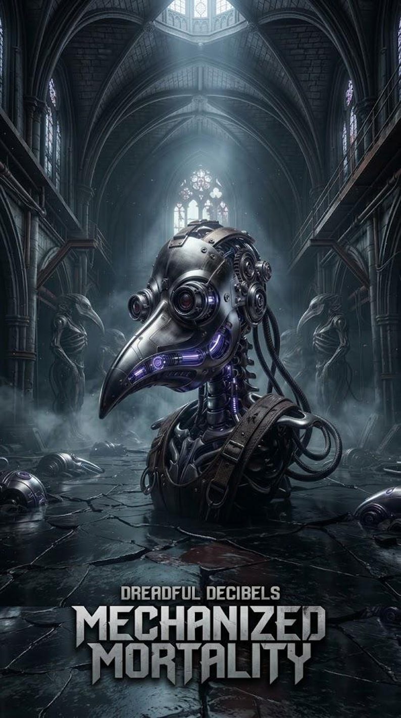 May include: A mechanical plague doctor mask with metallic gears, wires, and purple glowing accents. The text DREADFUL DECIBELS MECHANIZED MORTALITY is displayed at the bottom of the image, which features a dark, vaulted stone interior setting.