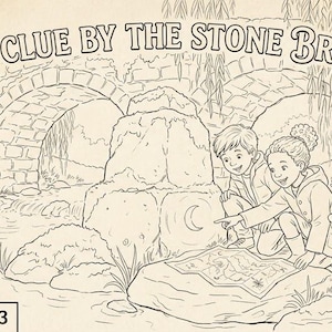Puede incluir: Una p&aacute;gina para colorear en blanco y negro titulada THE CLUE BY THE STONE BRIDGE! que muestra a dos ni&ntilde;os y un basset hound examinando un mapa cerca de un puente de piedra y un arroyo. El texto COLORING PAGE 3 aparece en la esquina inferior izquierda.