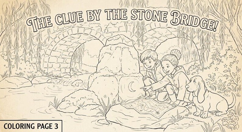 Puede incluir: Una p&aacute;gina para colorear en blanco y negro titulada THE CLUE BY THE STONE BRIDGE! que muestra a dos ni&ntilde;os y un basset hound examinando un mapa cerca de un puente de piedra y un arroyo. El texto COLORING PAGE 3 aparece en la esquina inferior izquierda.