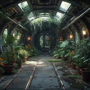 Op de afbeelding: Een interieur van een futuristische kas met weelderig groen en potplanten. De ruimte heeft een metalen structuur met gewelfde plafonds, ronde ramen en een centraal pad. Warme verlichting verlicht de planten.