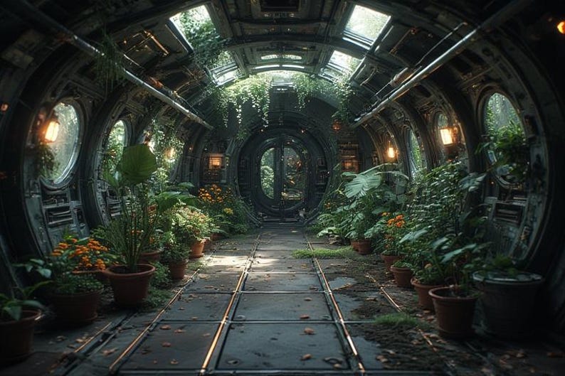 Op de afbeelding: Een interieur van een futuristische kas met weelderig groen en potplanten. De ruimte heeft een metalen structuur met gewelfde plafonds, ronde ramen en een centraal pad. Warme verlichting verlicht de planten.