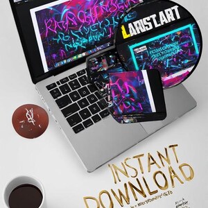 May include: A laptop displays a vibrant digital art piece with neon colors. A CD with "LARISTART" text and a black wallet with a white stripe are on the laptop. A coffee cup and a brown circular object are also present. The words "INSTANT DOWNLOAD" are written in gold.