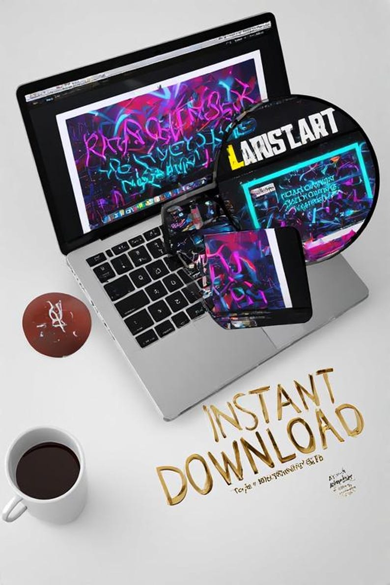 May include: A laptop displays a vibrant digital art piece with neon colors. A CD with "LARISTART" text and a black wallet with a white stripe are on the laptop. A coffee cup and a brown circular object are also present. The words "INSTANT DOWNLOAD" are written in gold.