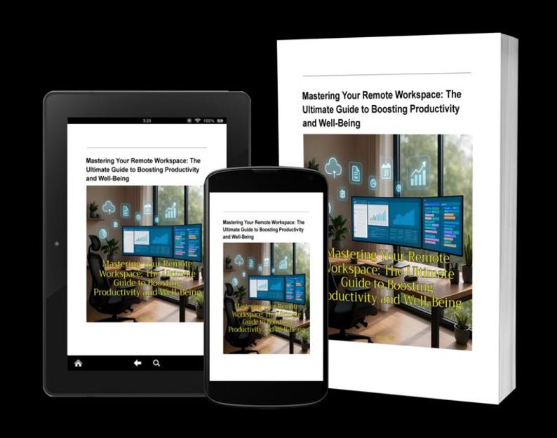 K&ouml;nnte beinhalten: Ein Buch, ein Tablet und ein Smartphone zeigen das Cover von "Mastering Your Remote Workspace: The Ultimate Guide to Boosting Productivity and Well-Being". Das Buch ist wei&szlig; mit schwarzem Text. Die Ger&auml;te zeigen dasselbe Bild.