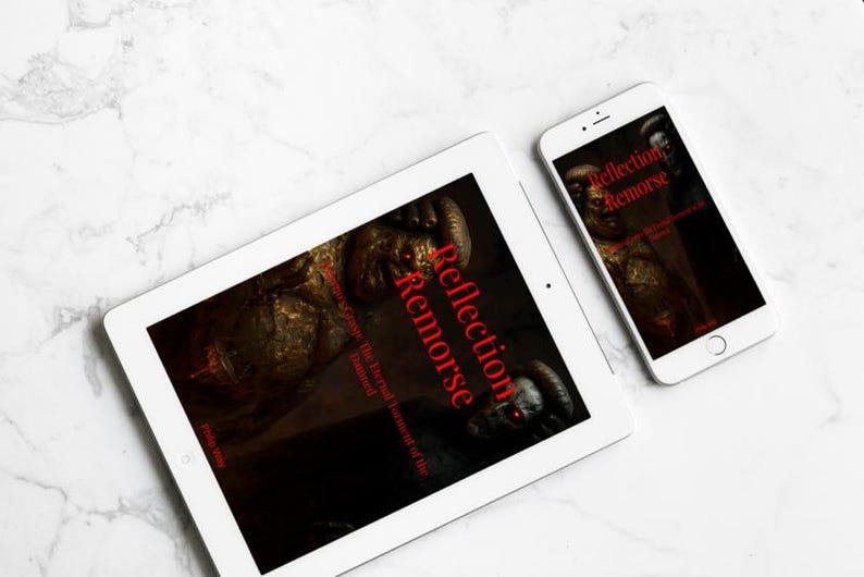 May include: A white tablet and smartphone displaying the same image. The image features a dark, detailed illustration with red text that reads "Reflection Remorse". The background is a marble surface.