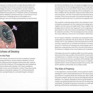 May include: Open book with text and an illustration of a planet with a beam of light. The text reads "Chapter 8: Echoes of Destiny, Revelations from the Past". The book is open to two pages with text.