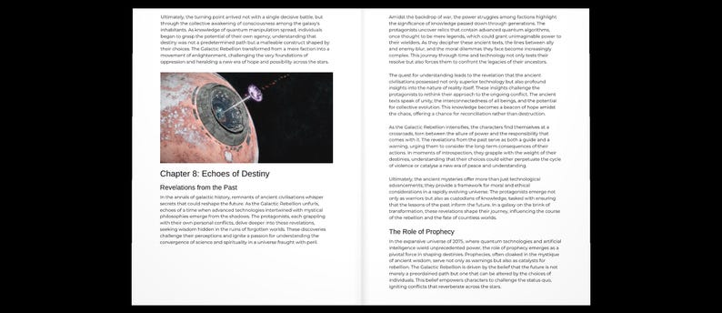 May include: Open book with text and an illustration of a planet with a beam of light. The text reads "Chapter 8: Echoes of Destiny, Revelations from the Past". The book is open to two pages with text.