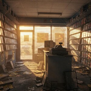 May include: An interior view of a video rental store featuring tall shelves lined with numerous VHS tapes, a central service counter with a cash register and monitor, and a glass entrance door illuminated by bright sunlight streaming inside.