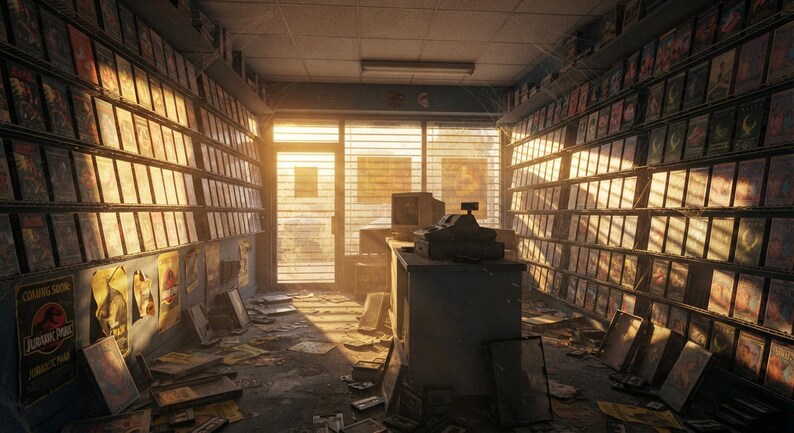 May include: An interior view of a video rental store featuring tall shelves lined with numerous VHS tapes, a central service counter with a cash register and monitor, and a glass entrance door illuminated by bright sunlight streaming inside.