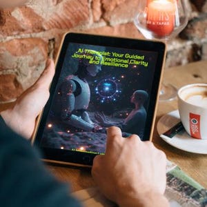 May include: A digital tablet displaying the cover of a book titled "AI Therapist: Your Guided Journey to Emotional Clarity and Resilience." The image features a futuristic robot and a person in a meditative pose.