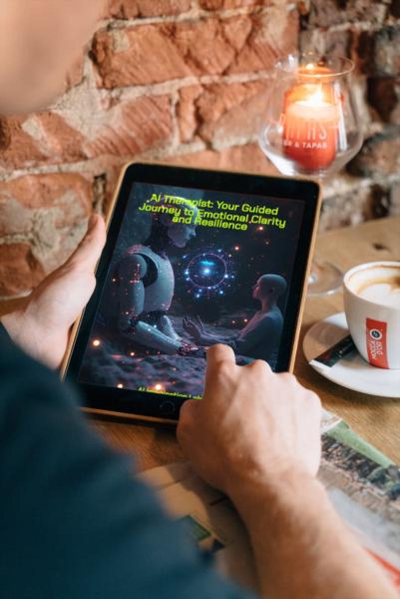May include: A digital tablet displaying the cover of a book titled "AI Therapist: Your Guided Journey to Emotional Clarity and Resilience." The image features a futuristic robot and a person in a meditative pose.