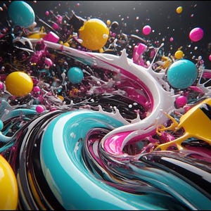 Pu&ograve; includere: Arte digitale astratta con un vortice di colori. L'immagine presenta tonalit&agrave; vibranti di verde acqua, rosa, giallo e bianco, con forme sferiche e spruzzi su uno sfondo scuro. L'opera d'arte ha un aspetto lucido e fluido.