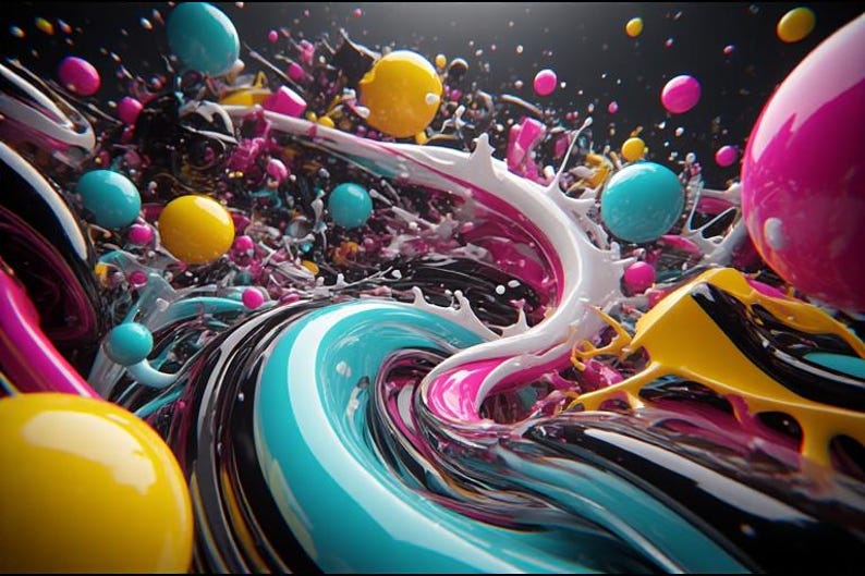 Pu&ograve; includere: Arte digitale astratta con un vortice di colori. L'immagine presenta tonalit&agrave; vibranti di verde acqua, rosa, giallo e bianco, con forme sferiche e spruzzi su uno sfondo scuro. L'opera d'arte ha un aspetto lucido e fluido.