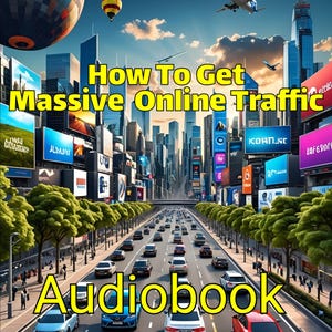 May include: A digital audiobook cover with the text "How To Get Massive Online Traffic" in yellow letters against a backdrop of a city skyline with billboards and cars driving down a street. The word "Audiobook" is in large yellow letters at the bottom of the image.