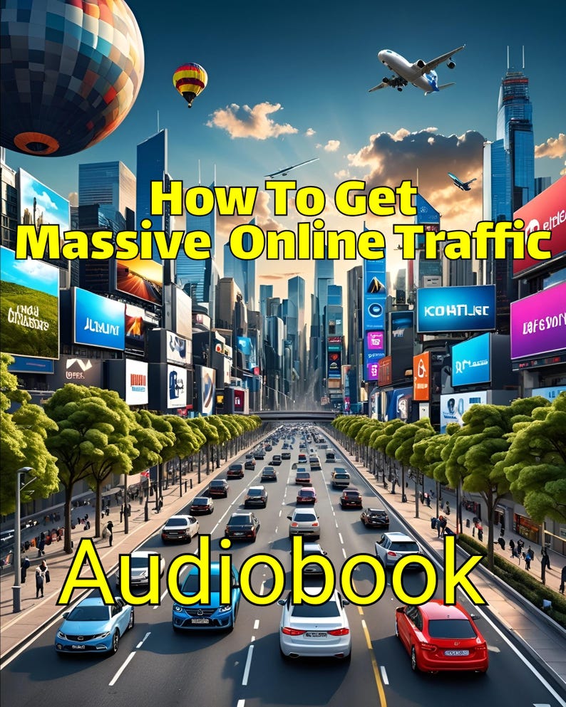 May include: A digital audiobook cover with the text "How To Get Massive Online Traffic" in yellow letters against a backdrop of a city skyline with billboards and cars driving down a street. The word "Audiobook" is in large yellow letters at the bottom of the image.