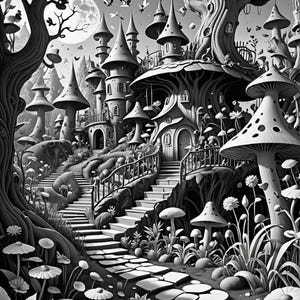 K&ouml;nnte beinhalten: Eine Schwarzwei&szlig;illustration eines fantasievollen M&auml;rchenschlosses, das in einen riesigen Pilzwald gebaut wurde. Das Schloss hat eine Wendeltreppe, die zum Eingang f&uuml;hrt. Der Mond ist am Himmel sichtbar.