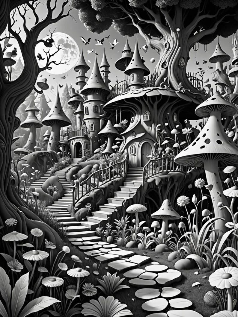 K&ouml;nnte beinhalten: Eine Schwarzwei&szlig;illustration eines fantasievollen M&auml;rchenschlosses, das in einen riesigen Pilzwald gebaut wurde. Das Schloss hat eine Wendeltreppe, die zum Eingang f&uuml;hrt. Der Mond ist am Himmel sichtbar.