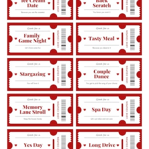 May include: A sheet of red and white love coupons offering experiences like a tasty meal, a long drive, and a family game night. Each coupon has a heart and the words "Love Coupon."