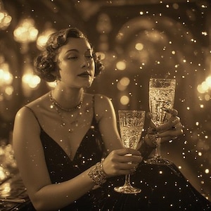 Op de afbeelding: Een sepia-afbeelding van een persoon die twee champagneglazen vasthoudt. De persoon draagt een zwarte jurk en sieraden. De achtergrond is vervaagd met bokeh-lichten, wat een feestelijke sfeer cre&euml;ert.