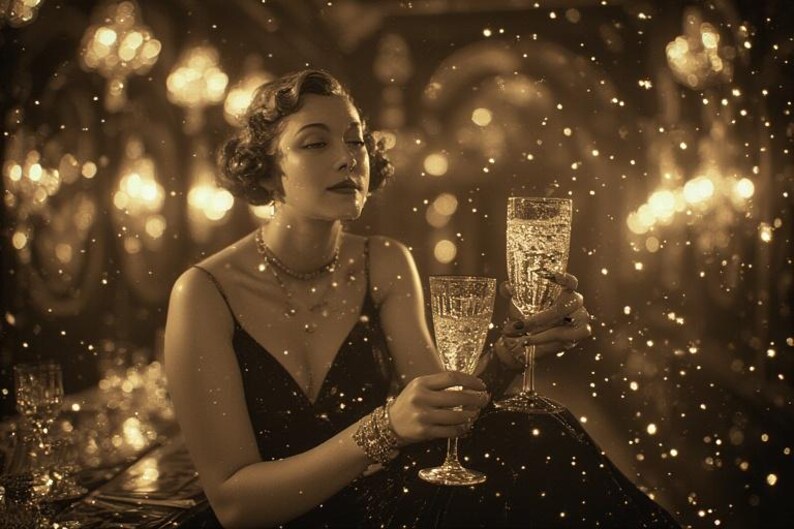 Op de afbeelding: Een sepia-afbeelding van een persoon die twee champagneglazen vasthoudt. De persoon draagt een zwarte jurk en sieraden. De achtergrond is vervaagd met bokeh-lichten, wat een feestelijke sfeer cre&euml;ert.