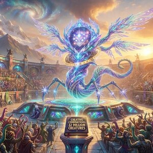 May include: A central glowing creature with crystalline wings and multiple limbs stands in a crowded arena. A pedestal in the foreground holds a book with the text: CREATIVE COMBINATIONS 32 MILLION CREATURES. The scene features diverse beings in the stands.