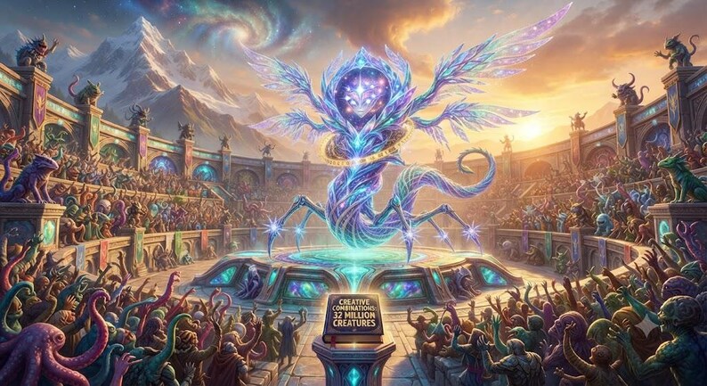May include: A central glowing creature with crystalline wings and multiple limbs stands in a crowded arena. A pedestal in the foreground holds a book with the text: CREATIVE COMBINATIONS 32 MILLION CREATURES. The scene features diverse beings in the stands.