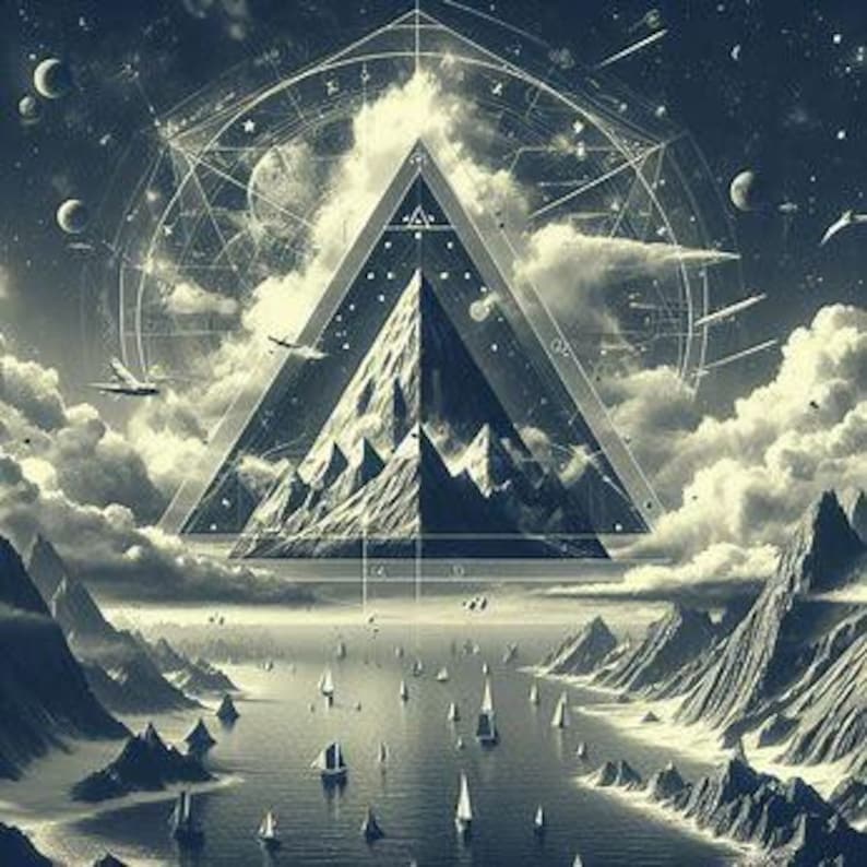 May include: An artistic illustration of a mountain range with a geometric triangle overlay. The image features a celestial theme with clouds, boats, and celestial bodies. The color palette is primarily grayscale with a focus on detail and texture.