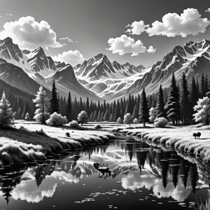 May include: A black and white photograph of a mountain range with a river flowing through a valley. The river is surrounded by trees and the mountains are covered in snow. The sky is cloudy.