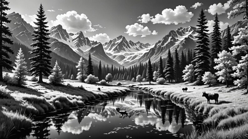 May include: A black and white photograph of a mountain range with a river flowing through a valley. The river is surrounded by trees and the mountains are covered in snow. The sky is cloudy.