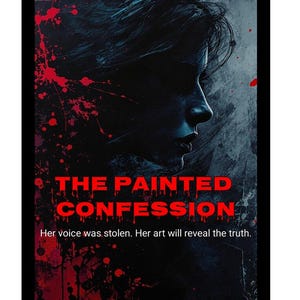 Op de afbeelding: Een boekomslag met een donker, artistiek ontwerp. Het toont een profiel van een gezicht in silhouet, met rode verfspatten. De titel "THE PAINTED CONFESSION" is rood, met de slogan "Her voice was stolen. Her art will reveal the truth."