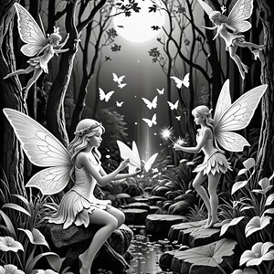 May include: Black and white illustration of four fairies with wings in a woodland setting. The fairies are holding sparklers and butterflies. The background includes trees, a moon, and a stream.