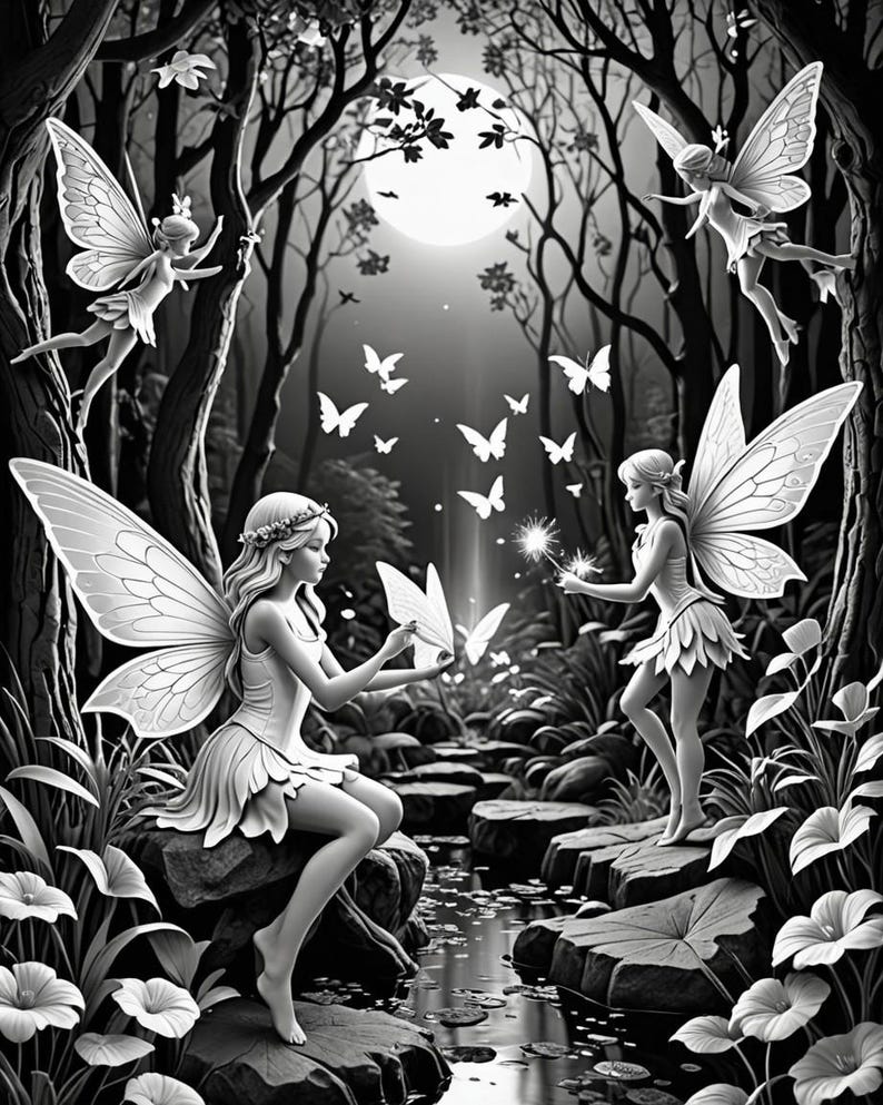 May include: Black and white illustration of four fairies with wings in a woodland setting. The fairies are holding sparklers and butterflies. The background includes trees, a moon, and a stream.
