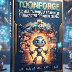 May include: A blue book titled TOONFORGE 3.2 MILLION MODULAR CARTOON & CHARACTER DESIGN PROMPTS by AI IMAGINATION LAB. The cover features a central robot character surrounded by various cartoon figures, including a superhero and a knight.