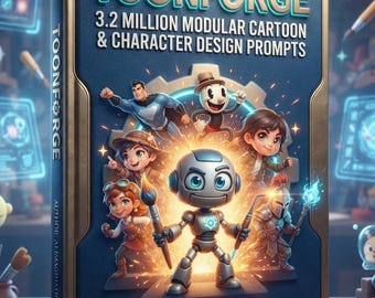 May include: A blue book titled TOONFORGE 3.2 MILLION MODULAR CARTOON & CHARACTER DESIGN PROMPTS by AI IMAGINATION LAB. The cover features a central robot character surrounded by various cartoon figures, including a superhero and a knight.