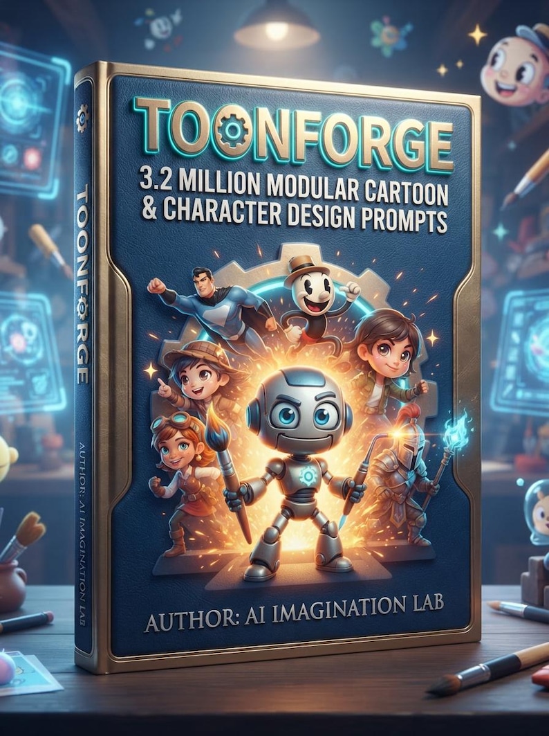 Peut inclure: Un livre bleu intitul&eacute; TOONFORGE 3.2 MILLION MODULAR CARTOON & CHARACTER DESIGN PROMPTS par AI IMAGINATION LAB. La couverture pr&eacute;sente un robot central entour&eacute; de divers personnages de dessins anim&eacute;s, dont un super-h&eacute;ros et un chevalier.