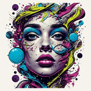 May include: A colourful pop art portrait of a woman with striking features. Her face is painted with bright blue eyeshadow, pink lips, and freckles. The artwork features splashes of pink, yellow, and blue, with a white background and floating orbs.