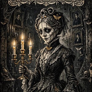May include: A digital illustration of a figure with stitched facial features wearing a dark, lace-trimmed Victorian-style dress, holding a three-armed candelabra with lit candles. The background features framed portraits, skulls, and ornate borders.