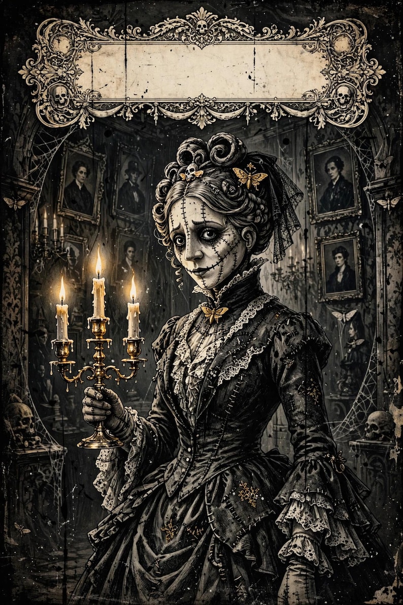 May include: A digital illustration of a figure with stitched facial features wearing a dark, lace-trimmed Victorian-style dress, holding a three-armed candelabra with lit candles. The background features framed portraits, skulls, and ornate borders.